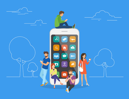 Young men and women are standing near big smartphone and using their own smart phones, reading news and texting message to friends. Flat concept illustration of smartphone usability on blue backgroundのイラスト素材