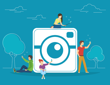 Self photo concept illustration of young people using smartphones with sticks for taking photos and posting it in socail networks. Flat people standing and sitting near big camera symbolのイラスト素材