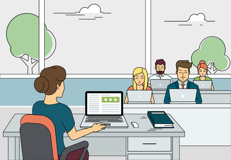 Busy students sitting at the table and learning in a university class with laptops. Flat outlined illustration of university teacher working with laptop during class exam or professional lessonのイラスト素材