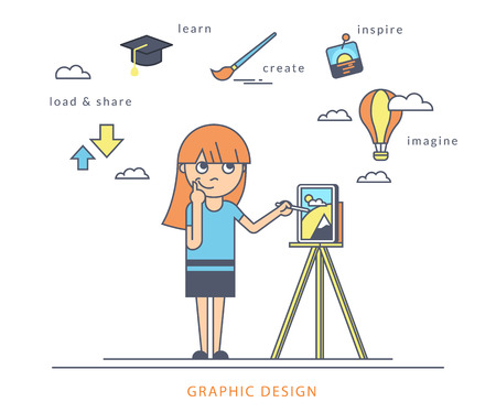 Young redhair girl using a tablet pc and drawing picture on the screen. Flat outlined contour illustration of designer working process with symbols such as learning and sharing, inspiration and imaginationのイラスト素材