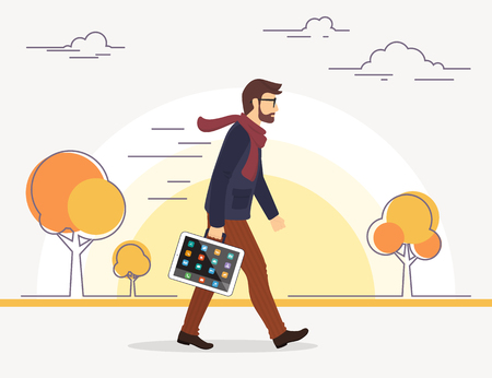 Business man going to his work with tablet pc instead of bag. Autumn season. Flat illustration of social media addiction to gadgets.のイラスト素材