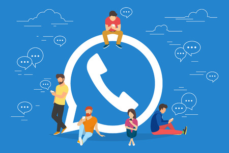 Symbol of mobile messenger concept illustration of young people using mobile gadgets such as tablet pc and smartphone for texting and calling via internet. Flat design of guys and women near symbolのイラスト素材