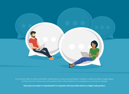 Chat talk concept illustration of young people using laptops for sending messages to each other via internet messenger. Flat guy and woman sitting on the big speech bubbles and typing messagesのイラスト素材