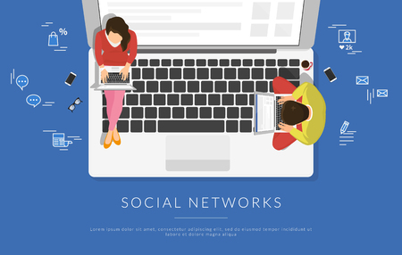 Young people sitting on the laptop and working with laptops in social networks for business project. Flat illustration top view of woman and man using laptop and typing on keyboard for blog or websiteのイラスト素材
