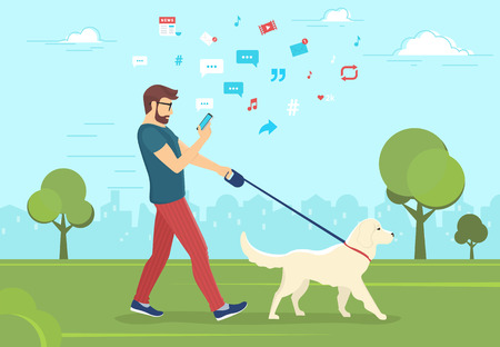 Man walking with dog outdoors in park and using smartphone to read newsのイラスト素材