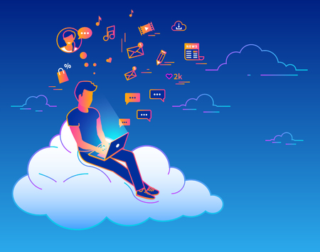 Young man sitting on the cloud in the sky and working with laptop. Gradient line vector illustration of social networking, searching news, sending email and texting to friendsのイラスト素材