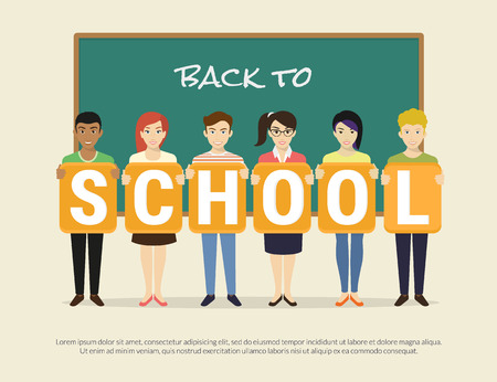 Back to school flat vector illustration of happy pupils in school class near chalk desk with big letters schoolのイラスト素材