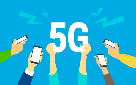 Flat human hands hold big 5G symbol. Addicted to networks people concept illustration of young men and women happy to have a high speed wireless connection 5G via mobile smartphone.のイラスト素材