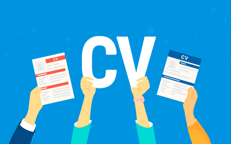 CV letters concept vector illustration of business people searching job and hiring. Flat human hands hold white letters and fullfilled cv papers on blue backgroundのイラスト素材