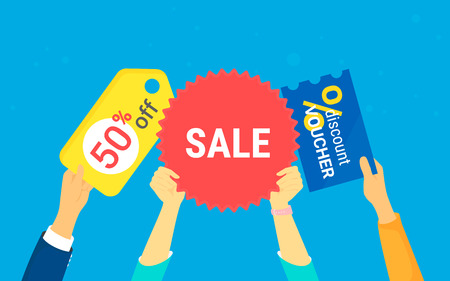 Sale symbol with discount voucher for promotion concept vector illustration of happy people purchasing goods with sale coupons and offers. Flat human hands hold promo symbols on blue backgroundのイラスト素材