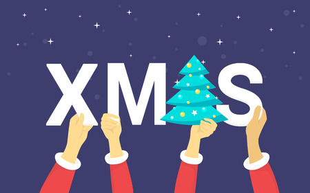 Xmas letters for christmas celebration and greetings concept vector illustration of happy people celebrating the holiday. Flat human hands hold xmas letters with christmas tree on blue backgroundのイラスト素材