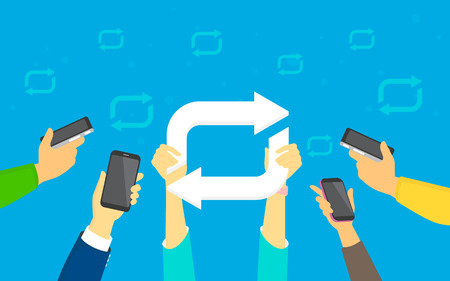 Repost concept vector illustration of young men and women using smartphones happy to reposting meme and publishing new trends in social network. Flat human hands hold hashtag sign on blue backgroundのイラスト素材