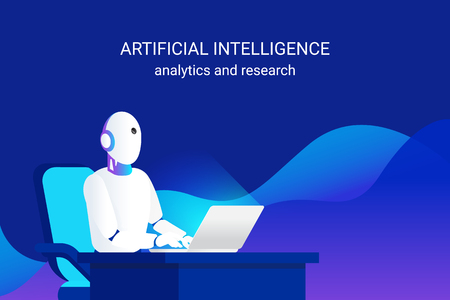 Artificial intelligence working for big data analysis and calculation and machine learning. Gradient vector illustration of futuristic robot working with laptop doing ai data analytics and researchのイラスト素材