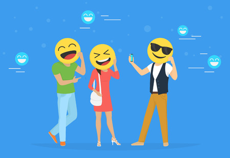 Emoji heads concept vector illustration happy men and women hold emoji heads and take photos for networks. Flat people hold laughing and smiling emoticons symbols on their faces on blue backgroundのイラスト素材
