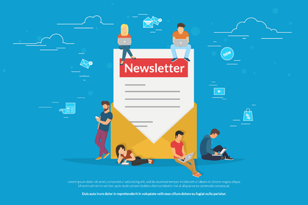 Envelope with a newsleter concept vector illustration of young man and woman receiving commercial letters and promotion offers on laptop, digital tablets and smart phones. Flat newsletter subscribersのイラスト素材