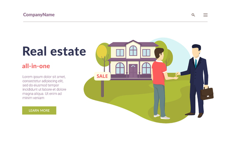 Realtor giving a home key chain to a confident male buyer. Flat concept vector website template and landing page design of succes deal, real estate and apartments invetmentsのイラスト素材
