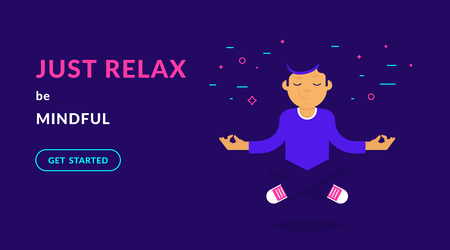 Calm yoga guru meditating over the floor. Flat vector neon illustration of calm guy with closed eyes doing meditation and relax to increase his concentration on positive things like guru of meditationのイラスト素材