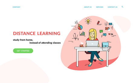Working with laptop at workplace. Flat concept vector website template and landing page design of student studying at home with social media and education symbols such as chart, diagram, graphのイラスト素材