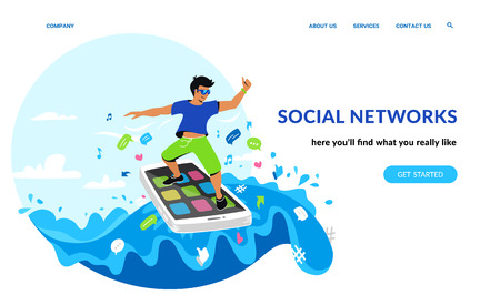 Social networking and young generation. Flat emotional vector illustration for website and landing page design of smiling man surfing the internet on his smartphone in the sea of social media symbolsのイラスト素材