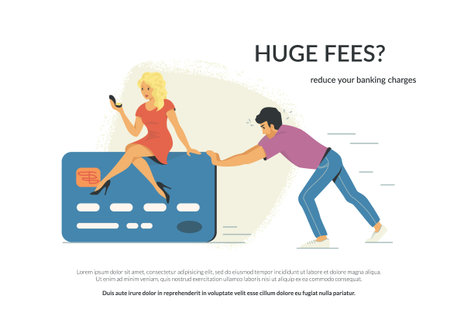 Huge fees and banking charges. Flat concept vector illustration of young man is pushing forward his wife sitting on the big credit card. He has huge fees as a burden in banking and finance industryのイラスト素材