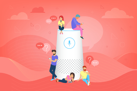 Smart speaker with virtual assistant vector illustration of people standing near speaker symbol using smartphone and tablet. Group of women and men with speech bubbles on coral gradient backgroundのイラスト素材
