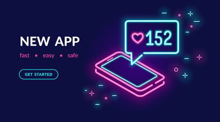 Neon social media app for chatting, following and sharing memes. Bright vector neon light website banner template or landing page design of smartphone with speech bubble and message in social networksのイラスト素材