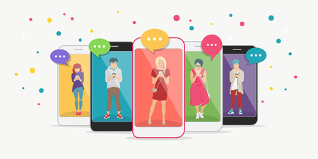 Smart phone addiction concept flat vector illustration of teenagers inside the mobile smartphones with chat speech bubbles texting, leaving comment and sharing memes. Young people addicted to internetのイラスト素材