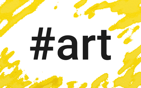 Hashtag art concept vector illustration of water color painting landscape banner with copy space on white. Yellow artistic brush paint for web and promotion pageのイラスト素材