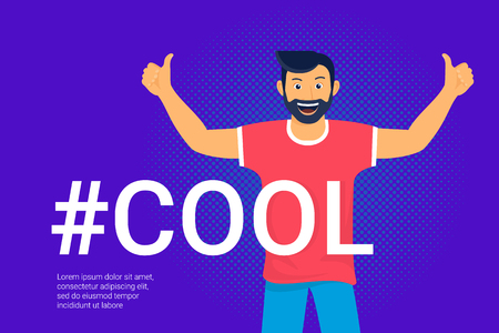 Hashtag cool concept flat vector illustration of happy guy smiling and making thumbs up with both hands. Positive mood and I like it emotions for social networks banners and events hashtagのイラスト素材