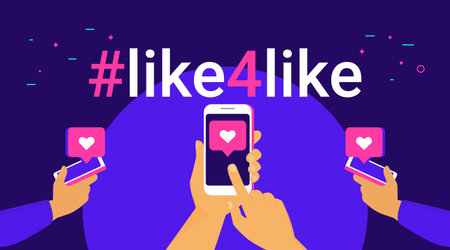 Hashtag like for like concept flat vector illustration of human hands hold smart phones and push...