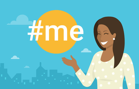 Hashtag me concept flat vector illustration of smiling african woman wearing dress posting self images with hashtags. Self promotion in social media communities and networksのイラスト素材