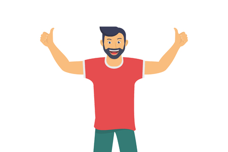 Happy guy smiling and making thumbs up with both hands. Positive mood and I like it emotions for social networks banners and events hashtagのイラスト素材