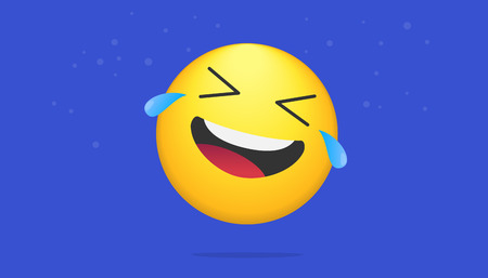 Laughing bright emoticon vector concept illustration of smiling emoji icon for chat, messengers and networks. Flat positive emotion symbol isolated on blue neon backgroundのイラスト素材