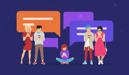 Chat speech bubbles for texting messages, communicating and sharing meme flat vector illustration of young teenagers using mobile smartphone for chatting in messenger app. People standing with bubblesのイラスト素材