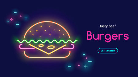 Tasty beef burger with cheese symbol in neon light style on dark background. Bright vector neon illustration of hamburger or cheeseburger symbol with text for website banner template or landing pageのイラスト素材