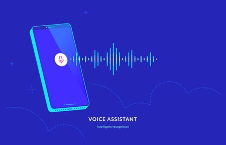 Voice assistant and speech recognition mobile app. Concept modern vector illustration of flying isometric smartphone with microphone button on the screen and voice sound as neon soundwaveのイラスト素材
