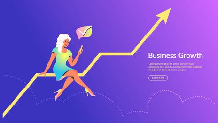 Woman using mobile app for online banking and business growing. Concept vector illustration of girl sitting on big growing graph with smartphone and using mobile app for profit financial accountingのイラスト素材