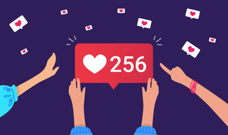 Flat vector illustration of human hands touching big speech bubble of social media