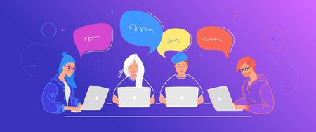 Four teenagers chatting together in social media using laptop at work deskのイラスト素材