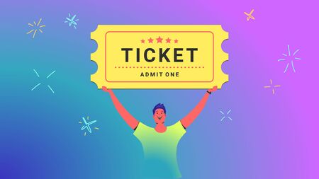 One ticket admission concept vector illustration of young man holds over his head big ticket for movie or other event as a winner. Happy bright people win prizes via lottery on gradient background.のイラスト素材