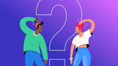 Confused young man and woman need an answer and have some doubt. Vector illustration of young teenagers need professional help, support or more information. Gradient modern design on purple backgroundのイラスト素材