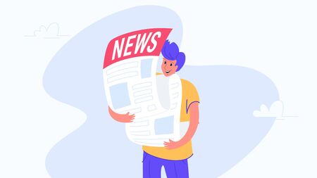 Happy smiling man hugging biggest newspaper. Flat modern concept vector illustration of people who subscribes to monthly notification, daily news and press. Casual design on white backgroundのイラスト素材