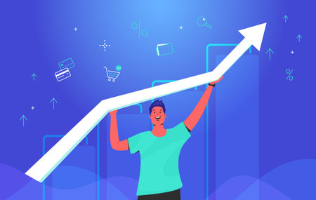 Happy man holding white arrow which growing up. Concept gradient vector illustration of a guy taking growing graph with financial ans investing symbols of credit cards, shop cart, business folderのイラスト素材