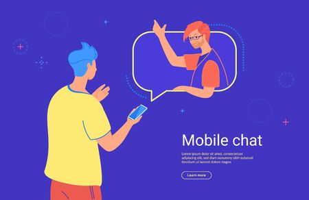 Social media mobile chat and communication. Concept flat vector illustration of teenage man using mobile smartphone witn messenger app for texting his friend or doing video call.のイラスト素材