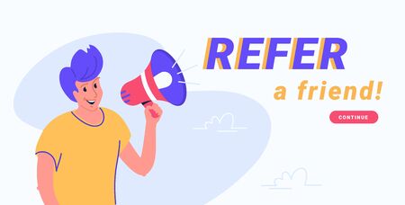 Refer a friend and audience announcement on loudspeaker. Flat line vector illustration of cute man standing and shouting with red megaphone to invite new clients. Notification or an alert white bannerのイラスト素材