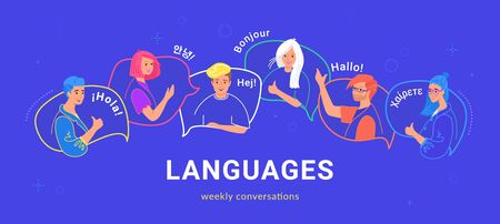 Happy multilingual teenagers talking and greeting each other in different languages. Flat vector illustration of young people on speech bubbles talking together as native speakers isolated on blueのイラスト素材
