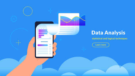 Data analysis, research and reports. Vector gradient illustration of human hand holding smartphone with application financial graph flying out of screen. Infographic design for market trends trackingのイラスト素材