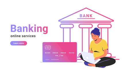 Online banking for checking account, investing and funding. Flat line vector illustration of woman sitting alone in lotus pose with laptop, credit card and bank icon behind on white background cardのイラスト素材