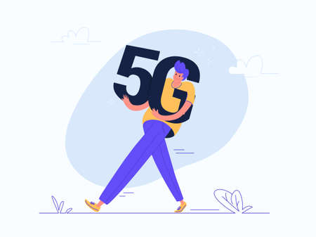 Young man carrying heavy 5g symbol. Flat modern concept vector illustration of people who afraid a high speed wireless connection 5G and radiowaves via mobile smartphone. Casual banner on white bannerのイラスト素材