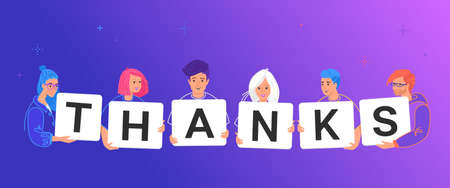 Thank you letters on paper cards. Concept vector illustration of smiling teenage friends holding letters thanks to respect doctors for saving lives and people for a service or invaluable contributionのイラスト素材
